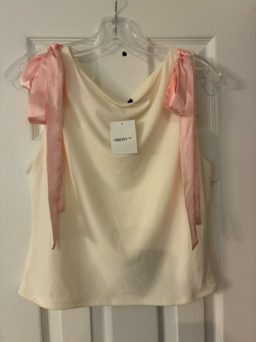 Forever Women's NWT Cream Knit w Pink Shoulder Bow Tie Sleeveless Tank Top Sz XL